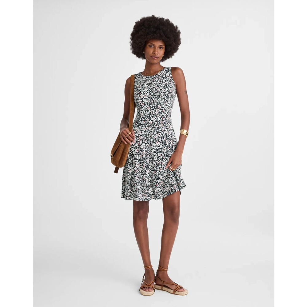 MADEWELL Button-Front Boatneck Mini Dress 6 Navy Floral Crepe Slim Fit NWT B66